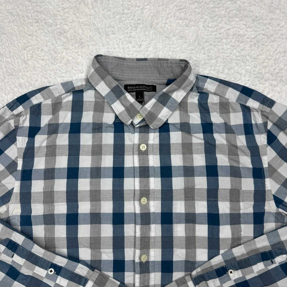 Banana Republic‎ Tailored Slim Fit Plaid Button Up L/S Blue Shirt Men's Size L
